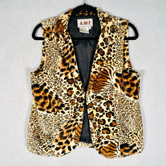 AMI Vest Womens S Brown Faux Fur Leopard Print Collared Cozy Fall - Picture 1 of 7